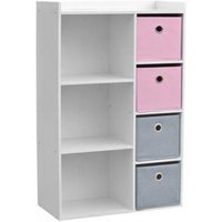 Armoire de Rangement Enfants Fille - Meuble de Rangement 3 Niches 4 Tiroirs Rose/Gris