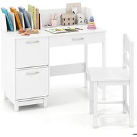 COSTWAY Bureau dÉtude Enfants avec Chaise et Bibliothèque - 86x42x81 cm - Tiroir & Niche & 2 Placards pour Dessiner Lire Blanc