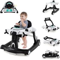 6 en 1 Trotteur Bébé Pliable COSTWAY-Design Avion-Hauteur Réglable-Boîte à Musique Lumières LED-Plateau de Repas- 6 à 18 Mois-Blanc