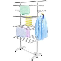 Etendoir à Linge, Etendage à Linge, 4 étagères, Blanc, Avec des ailes et une barre supérieure étendue, Tubes en acier inoxydable