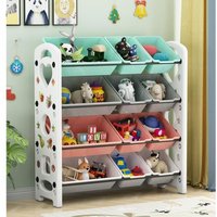 Étagère pour Jouets Meuble de Rangement pour Enfant Organisateur 4 niveaux avec 12 Casiers Amovibles en Plastique