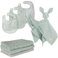 ROBA Coffret Bébé Lil Planet - 7 PCS - 3 Bavoirs + 1 Doudou + 3 Langes - Cadeau de Naissance - Vert Givré / Gris