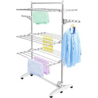 Etendoir à Linge, Etendage à Linge, 3 étagères, Blanc, avec ailes et barre supérieure, Matériau: Tubes en acier inoxydable