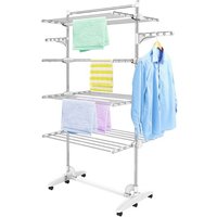 Etendoir à Linge, Etendage à Linge, 4 étagères, Blanc, avec ailes et barre supérieure, Matériau:  Tubes en acier inoxydable