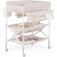 Table à Langer Pliante pour Bébé COSTWAY avec Roulettes Étagères Poubelle Station Imperméable Hauteur Réglable 11 kg Beige