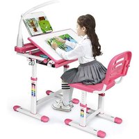 GOPLUS Ensemble Bureau et Chaise pour EnfantHauteur RéglableTable Inclinable avec Lampe à LED Tournable& Lumière AjustableRose