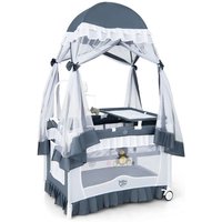 Lit Parapluie Bébé Pliant 4 en 1 COSTWAY-MatelasMoustiquaire de YourteTable à Langer-2 Roues-Boîte à Musique3 JouetsSac-Gris