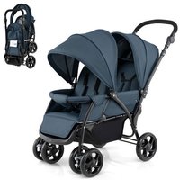 Poussette Double Jumeaux Pliable COSTWAY Auvent Capote Réglable Canne Landau 4 Roues Anti-chocs Harnais à 5 Points Charge 30kg-Bleu