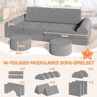 14 Pièces Canapé Modulaire pour Enfants Canapé Enfant Convertible Canapé de Jeu Pliable Gris