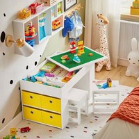 SoBuy Table Enfant avec 2 Chaises et 8 Bacs de Rangement Table Double Face pour Jeux Dessin et Bloc de Construction 87x50x50 cm