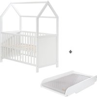 ROBA Lit Bébé Cabane 60x120 cm + Plan et Matelas à langer - Convertible en Lit Cododo - Hauteur Réglable - Bois Laqué Blanc