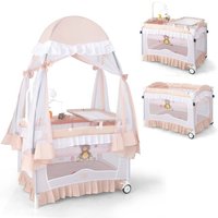 Lit Bébé Parapluie Bébé Pliant 4 en 1 COSTWAY-MatelasMoustiquaire de YourteTable à Langer-2 Roues-Boîte à Musique3 Jouets-Rose