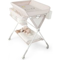 Table à Langer pour Bébé COSTWAY-Pliable-Hauteur Réglable 3 Niveaux-Poubelle-Panier de Rangement-Étagère-Roue Verrouillable-Beige