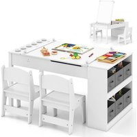 COSTWAY Ensemble Table Enfant 3 en 1 et 2 Chaises-6 Bacs de Rangement-Plateau Relevable-Rouleau de Papier & Gobelet à Peinture-Blanc