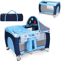 Lit Bébé 4 en 1 COSTWAY BerceauTable à LangerParc de Jeux-Fonction Basculement--Boîte à Musique avec Lumières-Pliage Facile-Bleu
