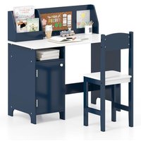 GOPLUS Bureau Enfant avec Chaise-90x45x86CM-1 Armoire à Porte+Bibliothèque Dessus+Tableau dAffichage-Bleu