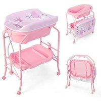 Table à Langer Bébé avec Baignoire Pliante 20L 4 en 1 COSTWAY-4 RouesTuyau 1m-Plateau de Rangement-Coussin PVC Etanche-35 Kg Rose