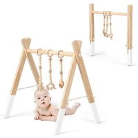 COSTWAY Portique dEveil en Bois pour Bébé Pliable avec 3pcs Pendentifs sans BPA Forme Triangulaire-Cadeau de Naissance-Blanc