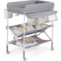 Table à Langer Pliante pour Bébé COSTWAY avec Roulettes Étagères Poubelle Station Imperméable Hauteur Réglable 11 kg Gris