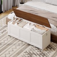 HOORBO Coffre de Rangement Coffre avec charnière de sécurité Banc de Rangement Boîte à Jouets Blanc et Noyer