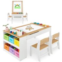 COSTWAY Ensemble Table Enfant 3 en 1 et 2 Chaises-6 Bacs de Rangement-Plateau Relevable-Rouleau de Papier & Gobelets à Peinture