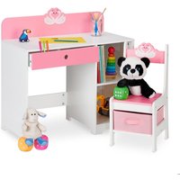 Relaxdays Bureau et chaise pour enfants tiroir et 2 compartiments ouverts motif cygne rose - blanc