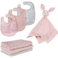 ROBA Coffret Bébé Lil Planet - 7 PCS - 3 Bavoirs + 1 Doudou + 3 Langes - Cadeau de Naissance - Rose / Gris