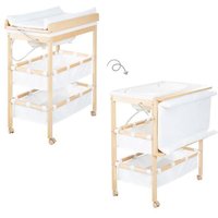 ROBA Table à Langer avec Baignoire Baby Pool en Bois Naturel + Matelas à Langer Hydrofuge et Étagères en tissu - Plan Pivotable