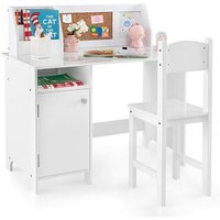 COSTWAY Bureau pour Enfants 3 Ans+ avec Chaise d’Étude Tableau Blanc Marqueur Tableau d’Affichage Bibliothèque en Bois Blanc