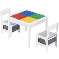 GINGER HOME Table Enfant + 2 Chaises – Plateau Double Face Compatible LEGO – Bois Blanc/Gris – Dès 3 Ans
