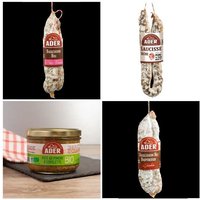 Assortiment de charcuterie : saucisse sèche, saucisson de porc fermier, saucisson jambon de coche, pâté porc au piment d'Espelette