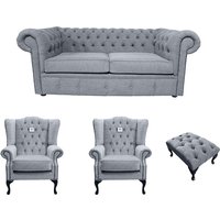 Chesterfield 2 Seater + 2 x Mallory Chair + Footstool Verity Plain Steel Grey Fabric Sofa Suite