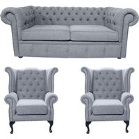 Chesterfield 2 Seater + 2 x Queen Anne Chairs Verity Plain Steel Grey Fabric Sofa Suite