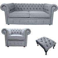 Chesterfield 2 Seater + Club Chair + Footstool Verity Plain Steel Grey Fabric Sofa Suite