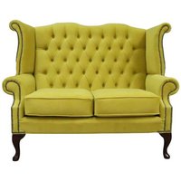 Chesterfield 2 Seater High Back Sofa Amalfi Buttercup Yellow Velvet Fabric In Queen Anne Style