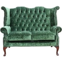 Chesterfield 2 Seater High Back Sofa Modena Forest Green Velvet Fabric In Queen Anne Style