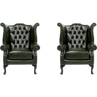 Chesterfield 2 x High Back Chairs Antique Green Leather Bespoke In Queen Anne Style