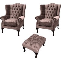 Chesterfield 2 x Wing Chairs + Footstool Harmony Charcoal Velvet In Mallory Style
