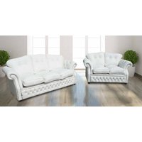 Chesterfield 3+2 Seater Sofa Suite Crystal White Leather In Era Style