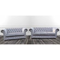 Chesterfield 3+2 Seater Sofa Suite Perla Illusions Grey Velvet In Classic Style