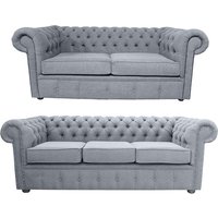 Chesterfield 3 + 2 Seater Sofa Suite Verity Plain Steel Grey Fabric In Classic Style