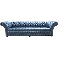 Chesterfield 4 Seater Sofa Buttoned Seat Antique Blue Leather DBB In Balmoral Style