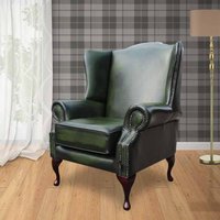 Chesterfield Flat Saxon High Back Wing Chair Antique Green Leather In Mallory Style