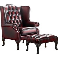 Chesterfield Flat Wing Chair + Footstool Antique Oxblood Red Leather In Mallory Style
