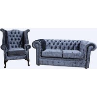 Chesterfield Genuine 2 Seater + Queen Anne Chair Senso Dusk Blue Velvet Sofa Suite