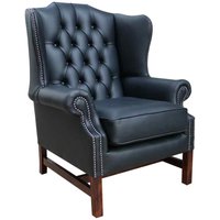 Chesterfield Handmade Georgian High Back Wing Chair Black Real Leather