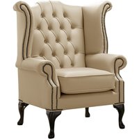 Chesterfield High Back Wing Chair Shelly Dark Beige Leather In Queen Anne Style