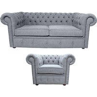 Chesterfield Original 2 Seater + Club chair Verity Plain Steel Grey Fabric Sofa Suite