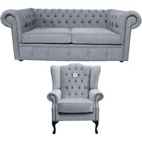 Chesterfield Original 2 Seater + Mallory Chair Verity Plain Steel Grey Fabric Sofa Suite