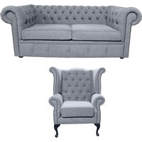Chesterfield Original 2 Seater + Queen Anne Chair Verity Plain Steel Grey Fabric Sofa Suite